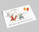 Postkarte zum Geburtstag von Annelis Art_Eichhörnchen mit Bollerwagen_Heute kann es regnen, stürmen oder schneien...Vorderseite