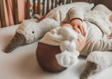 Kind in Bett mit Kuscheltier und Wärmekissen große weiße Gans von Senger Naturwelt